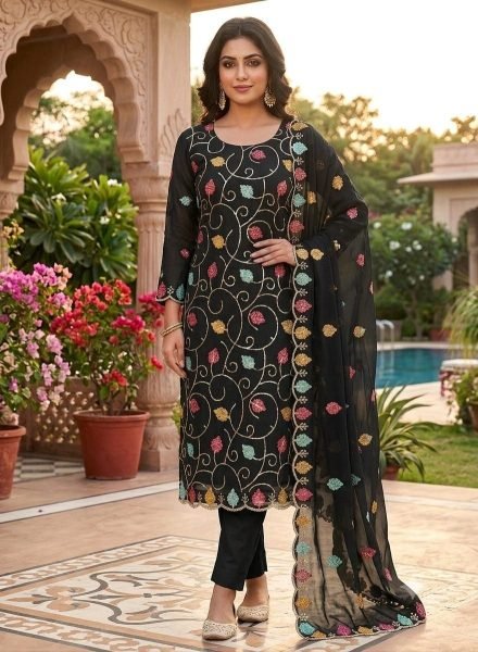 Polished Black Women's Vichitra Silk Dress Material with Sequins Work Dupatta Punjabi Dress Materials Wholesale
