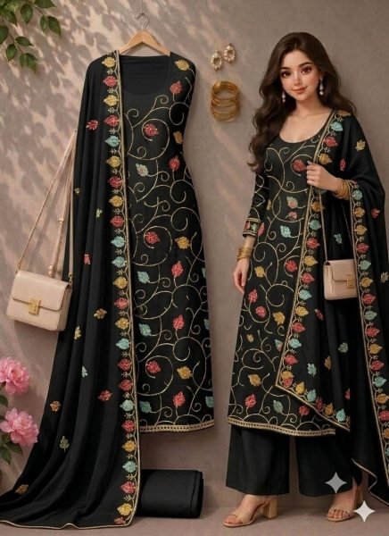 Polished Black Women's Vichitra Silk Dress Material with Sequins Work Dupatta Punjabi Dress Materials Wholesale