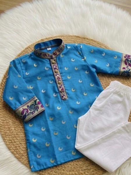 Polished Blue Kids Boys Half Sleeve Kurta Pant Set with Gold Zari Work at Wholesale Rate Mens Wear