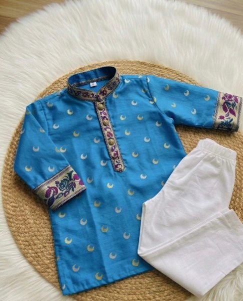 Polished Blue Kids Boys Half Sleeve Kurta Pant Set with Gold Zari Work at Wholesale Rate Boys Wear