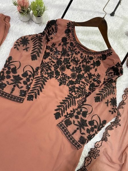 Polished Brown Sequence Embroidered Suit with Georgette Dupatta for Festive Wear Ready To Wear Collection
