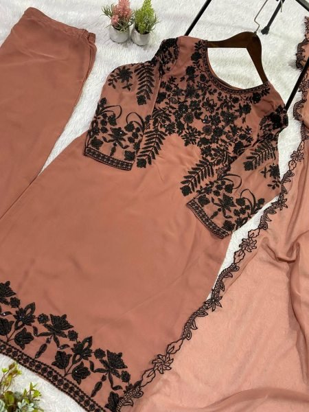Polished Brown Sequence Embroidered Suit with Georgette Dupatta for Festive Wear Ready To Wear Collection