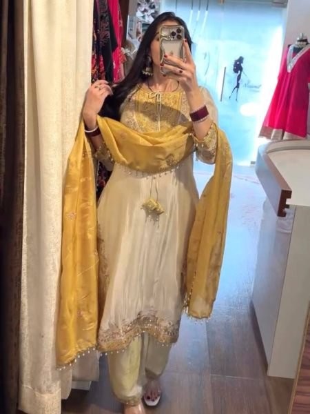 Polished Cream Ronald Silk Embroidery Sequence Work Top Pant Dupatta Set at Wholesale Rate 