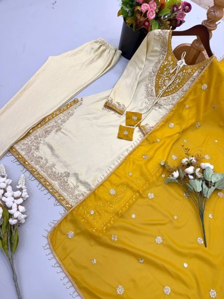 Polished Cream Ronald Silk Embroidery Sequence Work Top Pant Dupatta Set at Wholesale Rate Ready To Wear Collection