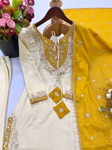 Polished Cream Ronald Silk Embroidery Sequence Work Top Pant Dupatta Set at Wholesale Rate Ready To Wear Collection