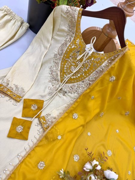 Polished Cream Ronald Silk Embroidery Sequence Work Top Pant Dupatta Set at Wholesale Rate Ready To Wear Collection