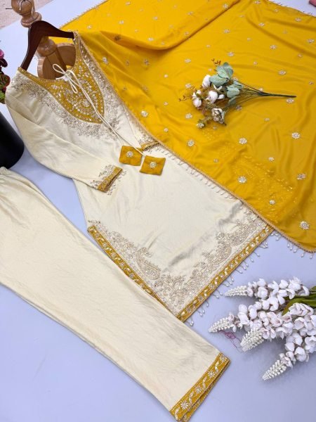 Polished Cream Ronald Silk Embroidery Sequence Work Top Pant Dupatta Set at Wholesale Rate Ready To Wear Collection