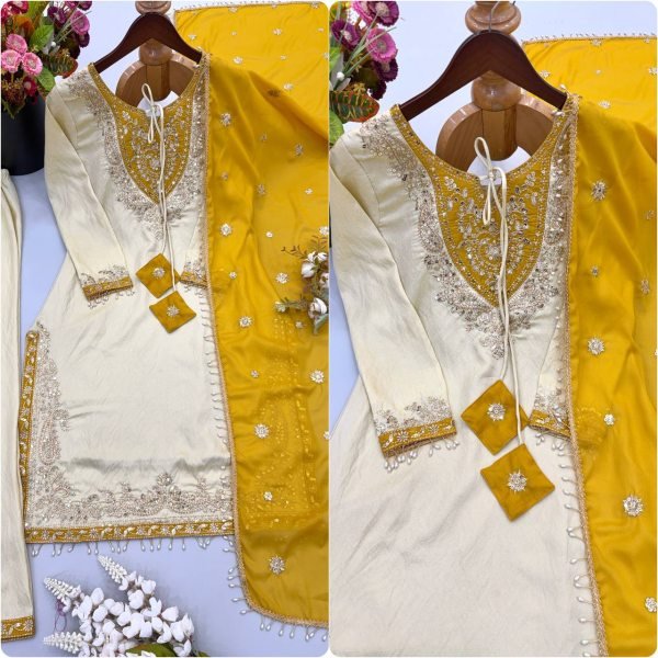 Polished Cream Ronald Silk Embroidery Sequence Work Top Pant Dupatta Set at Wholesale Rate Ready To Wear Collection
