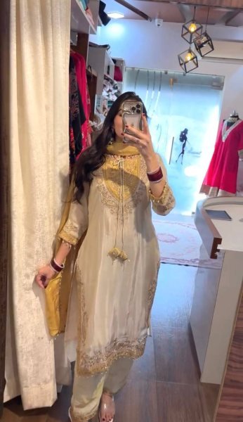 Polished Cream Ronald Silk Embroidery Sequence Work Top Pant Dupatta Set at Wholesale Rate Ready To Wear Collection