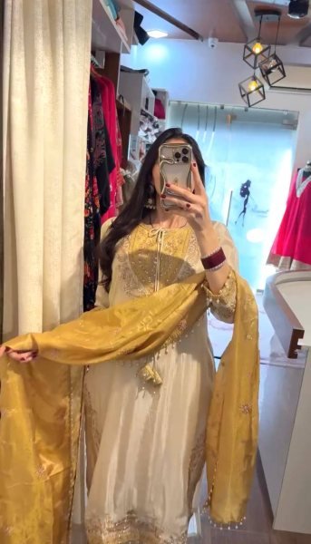 Polished Cream Ronald Silk Embroidery Sequence Work Top Pant Dupatta Set at Wholesale Rate Ready To Wear Collection