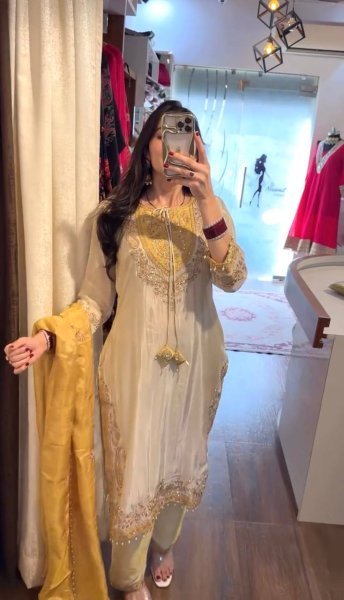Polished Cream Ronald Silk Embroidery Sequence Work Top Pant Dupatta Set at Wholesale Rate Ready To Wear Collection