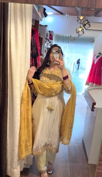Polished Cream Ronald Silk Embroidery Sequence Work Top Pant Dupatta Set at Wholesale Rate Ready To Wear Collection
