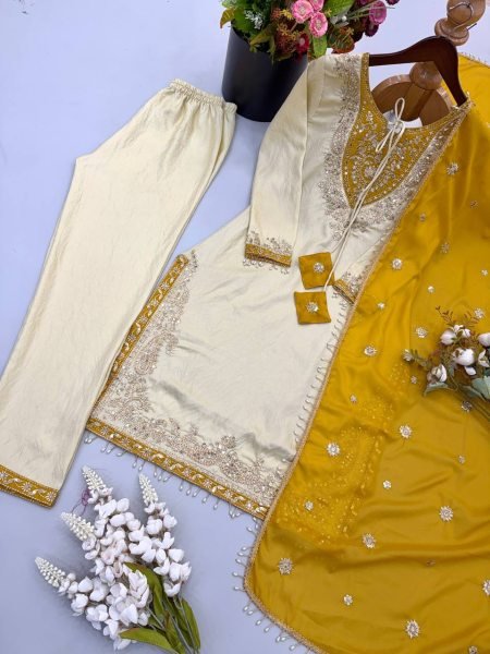 Polished Cream Ronald Silk Embroidery Sequence Work Top Pant Dupatta Set at Wholesale Rate Ready To Wear Collection