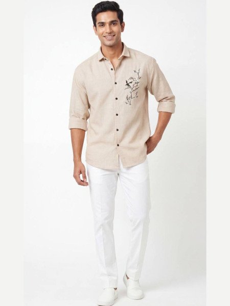 Polished Cream Wholesale Price Men Linen Embroidered Shirt at Manufacturer Rate 