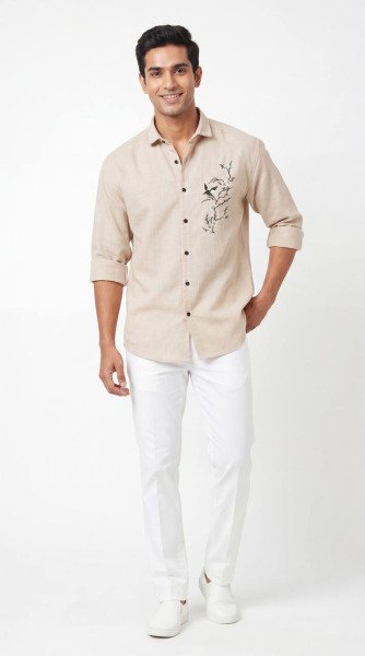 Polished Cream Wholesale Price Men Linen Embroidered Shirt at Manufacturer Rate Mens Shirt