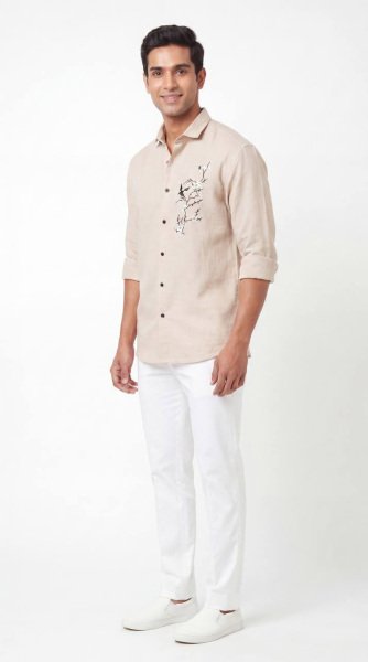 Polished Cream Wholesale Price Men Linen Embroidered Shirt at Manufacturer Rate Mens Shirt