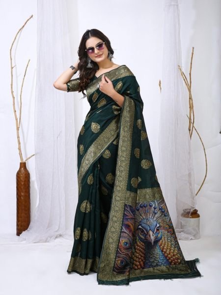 Polished Dark Green Soft Lichi Silk Saree with All Over Jacquard Work and Rich Pallu 