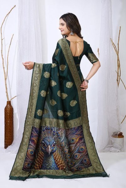 Polished Dark Green Soft Lichi Silk Saree with All Over Jacquard Work and Rich Pallu Silk Sarees Wholesale