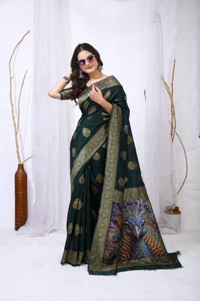 Polished Dark Green Soft Lichi Silk Saree with All Over Jacquard Work and Rich Pallu Silk Sarees Wholesale