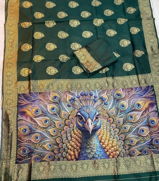 Polished Dark Green Soft Lichi Silk Saree with All Over Jacquard Work and Rich Pallu Silk Sarees Wholesale