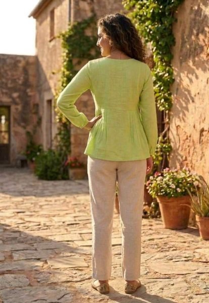 Polished Green Linen Cotton Top Pant Set for Summer Casual Wear Women Tunics kurti