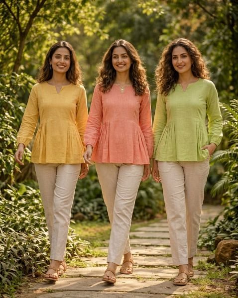 Polished Green Linen Cotton Top Pant Set for Summer Casual Wear Women Tunics kurti