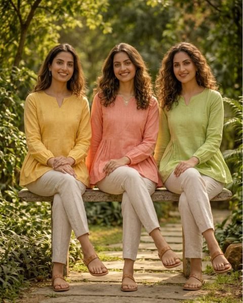 Polished Green Linen Cotton Top Pant Set for Summer Casual Wear Women Tunics kurti