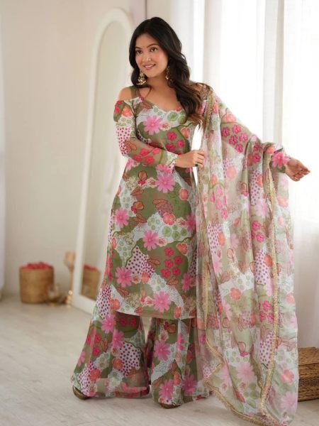 Polished Green Off Shoulder Organza Top with Palazzo and Matching Dupatta at Manufacturer  