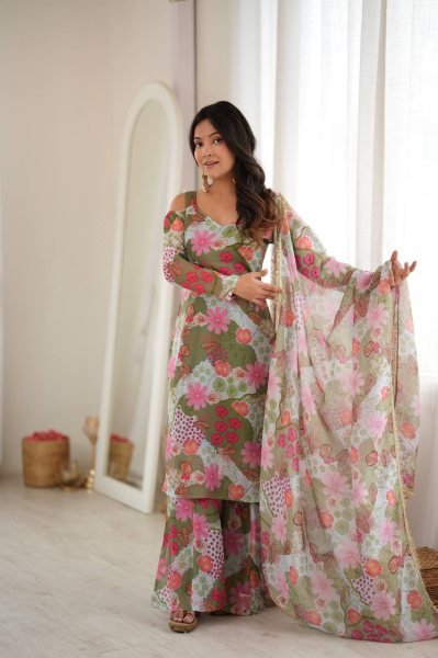 Polished Green Off Shoulder Organza Top with Palazzo and Matching Dupatta at Manufacturer  Ready To Wear Collection