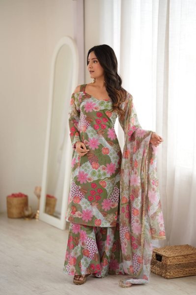 Polished Green Off Shoulder Organza Top with Palazzo and Matching Dupatta at Manufacturer  Ready To Wear Collection