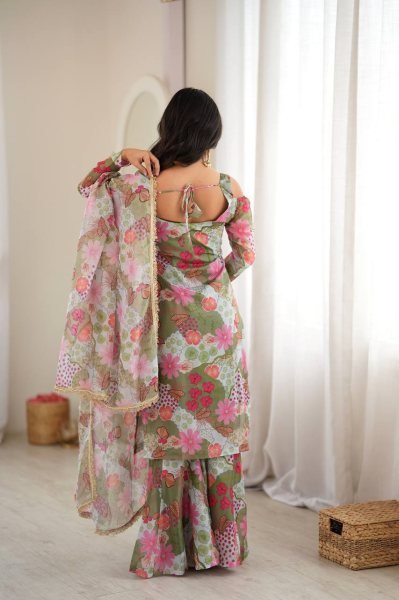 Polished Green Off Shoulder Organza Top with Palazzo and Matching Dupatta at Manufacturer  Ready To Wear Collection