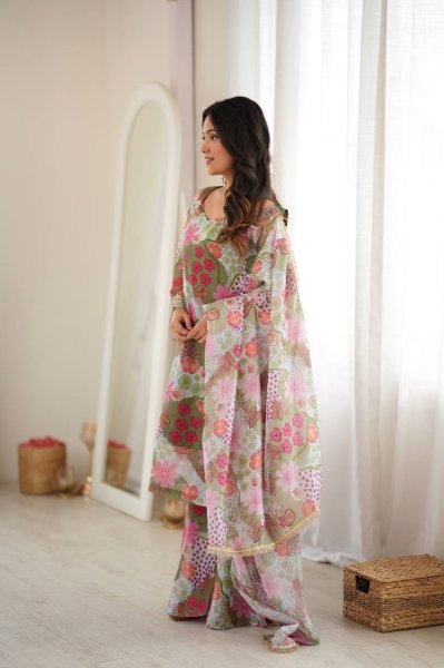 Polished Green Off Shoulder Organza Top with Palazzo and Matching Dupatta at Manufacturer  Ready To Wear Collection