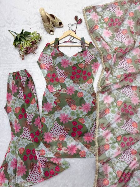 Polished Green Off Shoulder Organza Top with Palazzo and Matching Dupatta at Manufacturer  Ready To Wear Collection