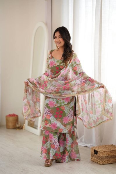 Polished Green Off Shoulder Organza Top with Palazzo and Matching Dupatta at Manufacturer  Ready To Wear Collection