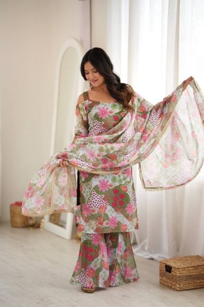 Polished Green Off Shoulder Organza Top with Palazzo and Matching Dupatta at Manufacturer  Ready To Wear Collection