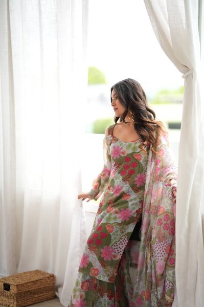 Polished Green Off Shoulder Organza Top with Palazzo and Matching Dupatta at Manufacturer  Ready To Wear Collection