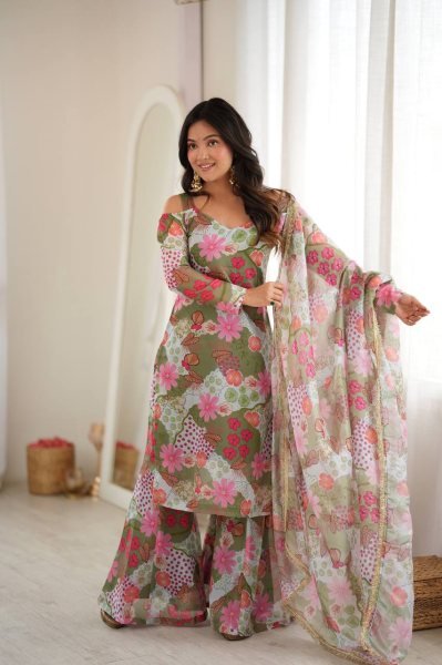 Polished Green Off Shoulder Organza Top with Palazzo and Matching Dupatta at Manufacturer  Ready To Wear Collection
