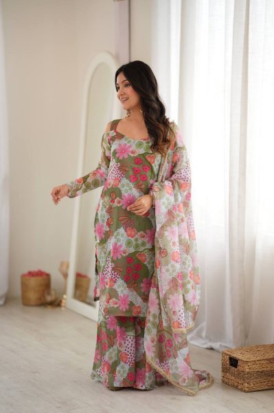 Polished Green Off Shoulder Organza Top with Palazzo and Matching Dupatta at Manufacturer  Ready To Wear Collection