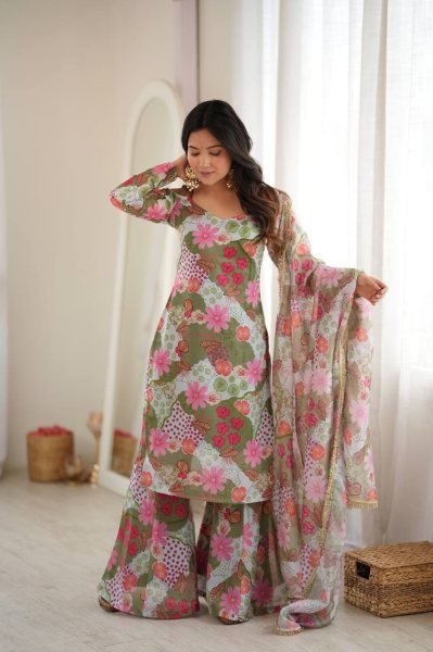 Polished Green Off Shoulder Organza Top with Palazzo and Matching Dupatta at Manufacturer  Ready To Wear Collection