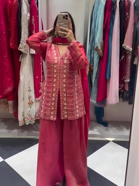 Polished Hot Pink Heavy Simar Silk Embroidered Top Palazzo Dupatta Set 