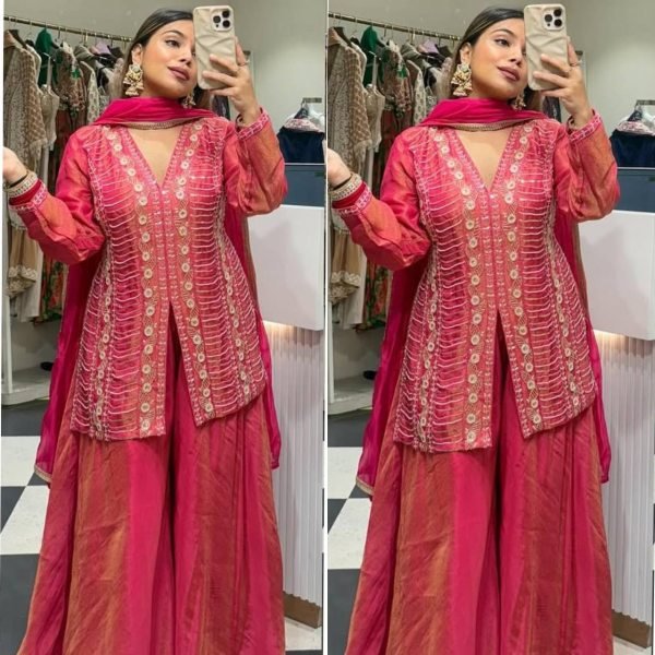 Polished Hot Pink Heavy Simar Silk Embroidered Top Palazzo Dupatta Set Ready To Wear Collection