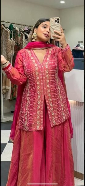 Polished Hot Pink Heavy Simar Silk Embroidered Top Palazzo Dupatta Set Ready To Wear Collection