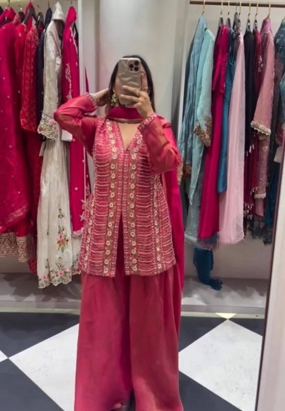 Polished Hot Pink Heavy Simar Silk Embroidered Top Palazzo Dupatta Set Ready To Wear Collection