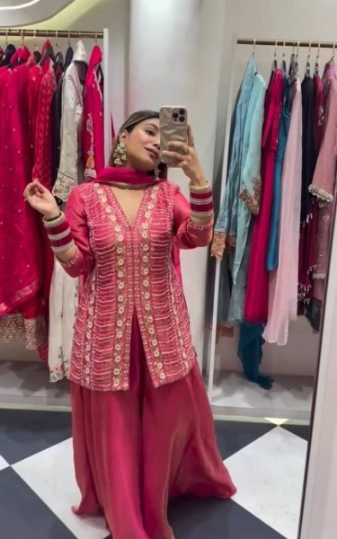 Polished Hot Pink Heavy Simar Silk Embroidered Top Palazzo Dupatta Set Ready To Wear Collection