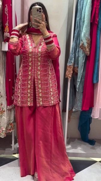 Polished Hot Pink Heavy Simar Silk Embroidered Top Palazzo Dupatta Set Ready To Wear Collection