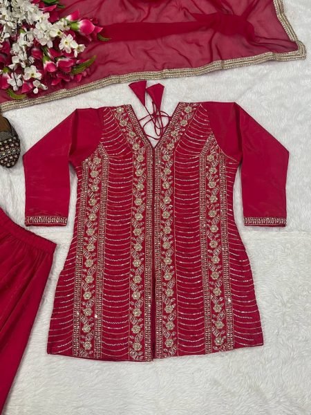 Polished Hot Pink Heavy Simar Silk Embroidered Top Palazzo Dupatta Set Ready To Wear Collection