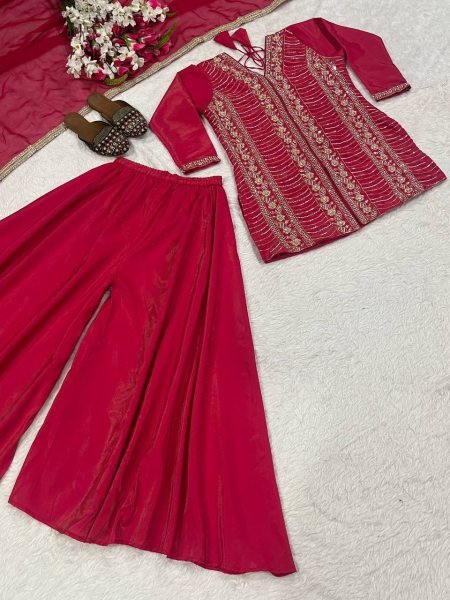 Polished Hot Pink Heavy Simar Silk Embroidered Top Palazzo Dupatta Set Ready To Wear Collection