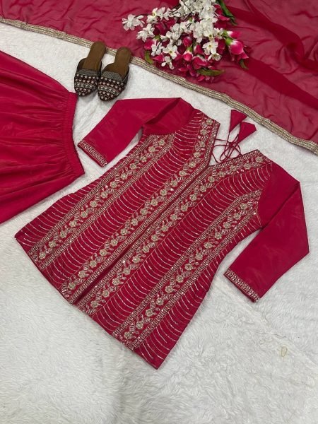 Polished Hot Pink Heavy Simar Silk Embroidered Top Palazzo Dupatta Set Ready To Wear Collection