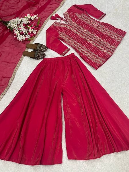 Polished Hot Pink Heavy Simar Silk Embroidered Top Palazzo Dupatta Set Ready To Wear Collection