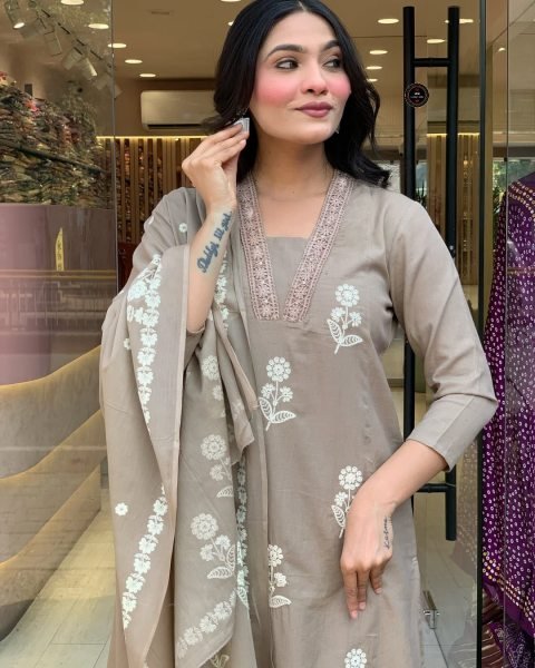 Polished Light Brown Color 3 Piece Cotton Anarkali Kurta Pant with with Malmal Dupatta at manufacturer rates Anarkali Kurtis 
